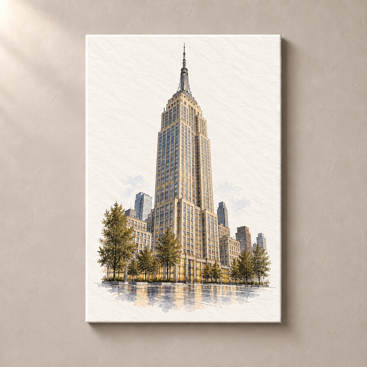 Empire State Building in Watercolour canvas standalone mockup