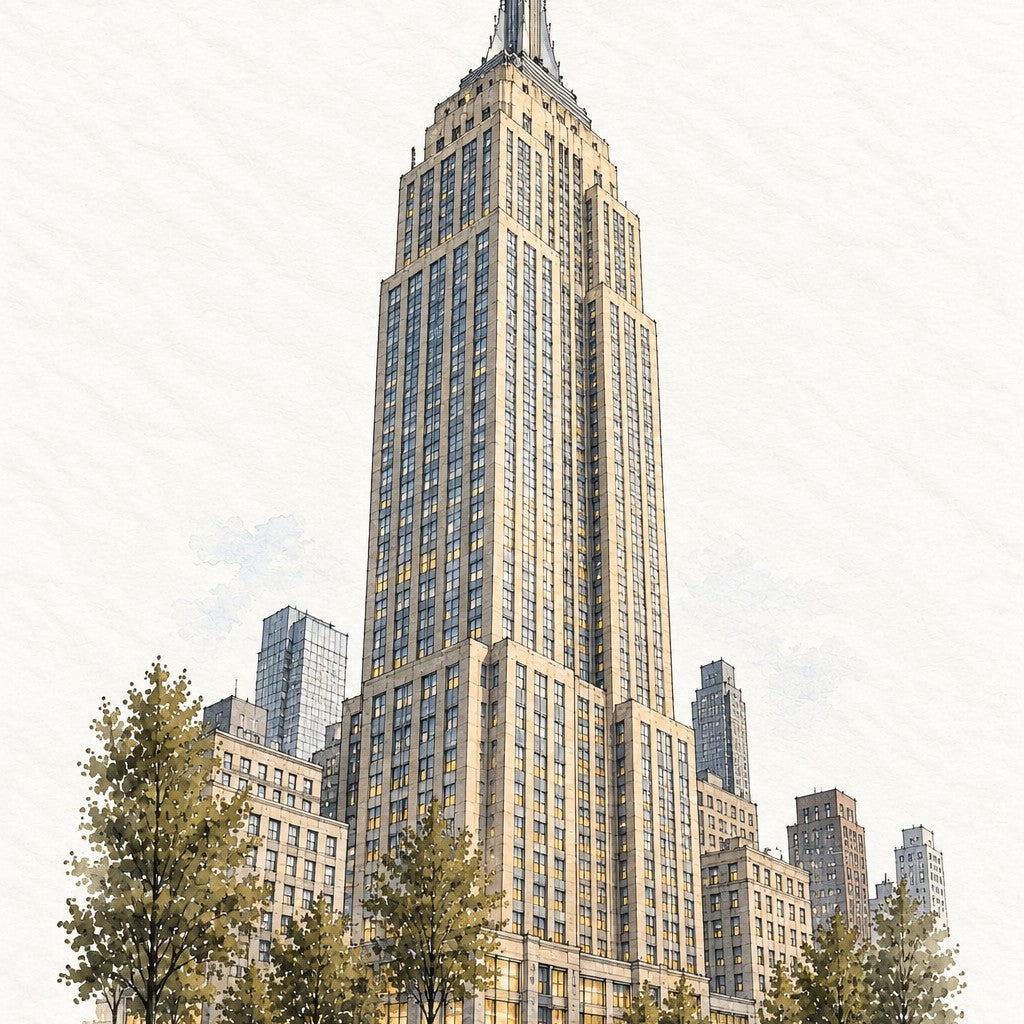Empire State Building in Watercolour, New York vertical ink and watercolour artwork