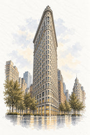 Flatiron Building in Watercolour, New York vertical ink and watercolour artwork