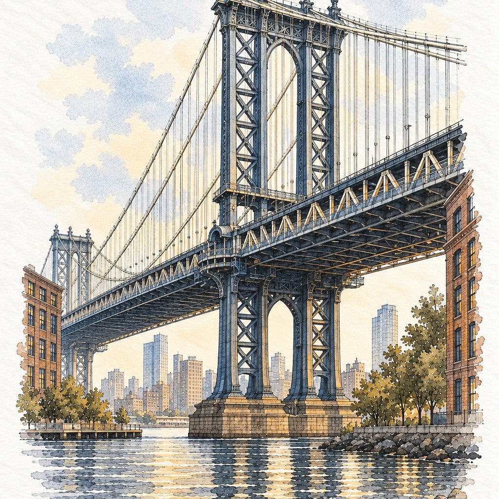 Manhattan Bridge in Watercolour, New York vertical ink and watercolour artwork