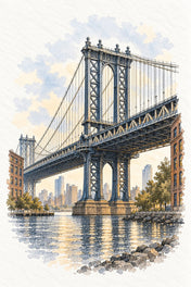 Manhattan Bridge in Watercolour, New York vertical ink and watercolour artwork