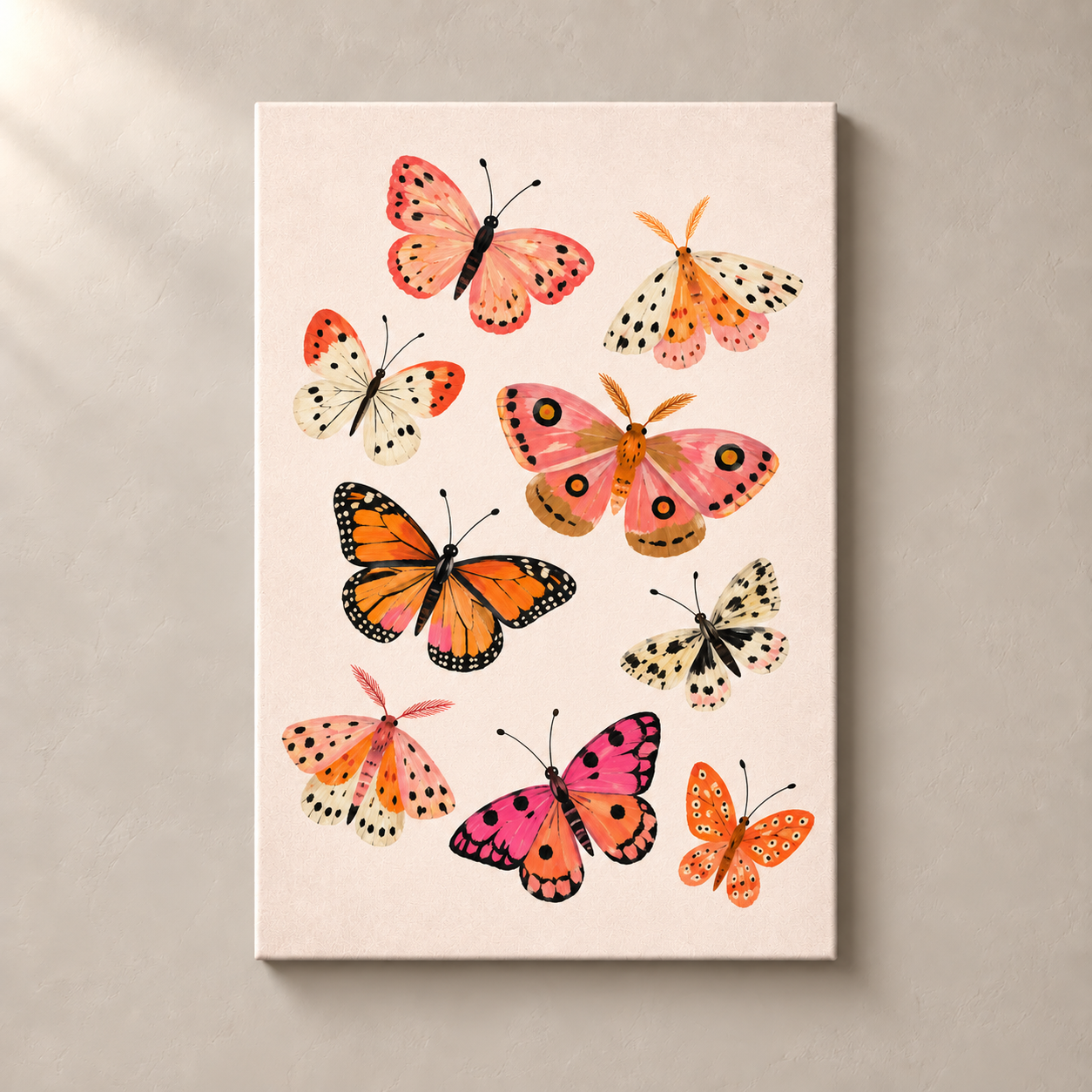 Butterfly Meadow in Coral canvas standalone mockup