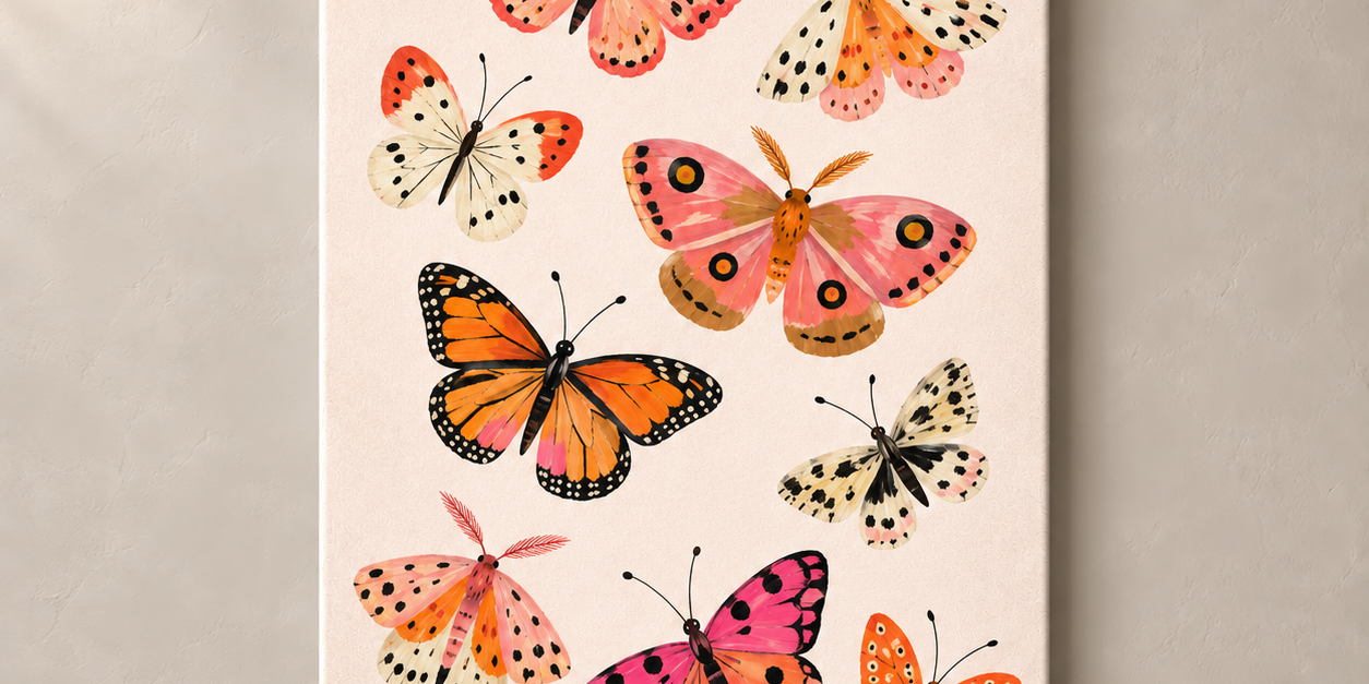 Butterfly Meadow in Coral canvas standalone mockup