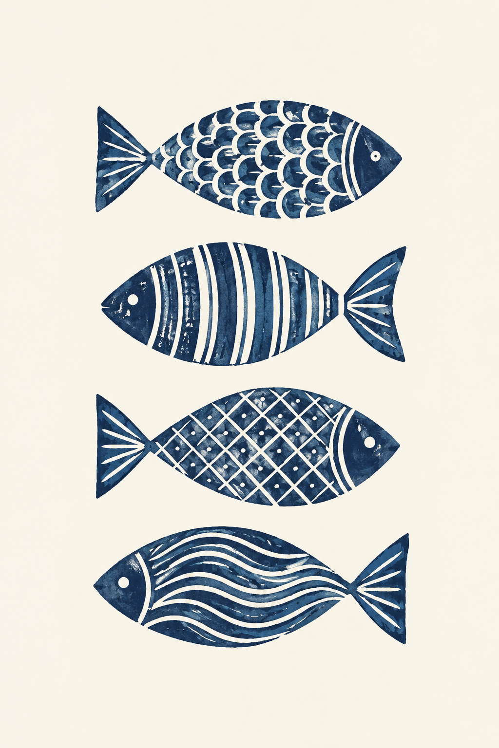 Indigo Fish Quartet, vertical nursery artwork