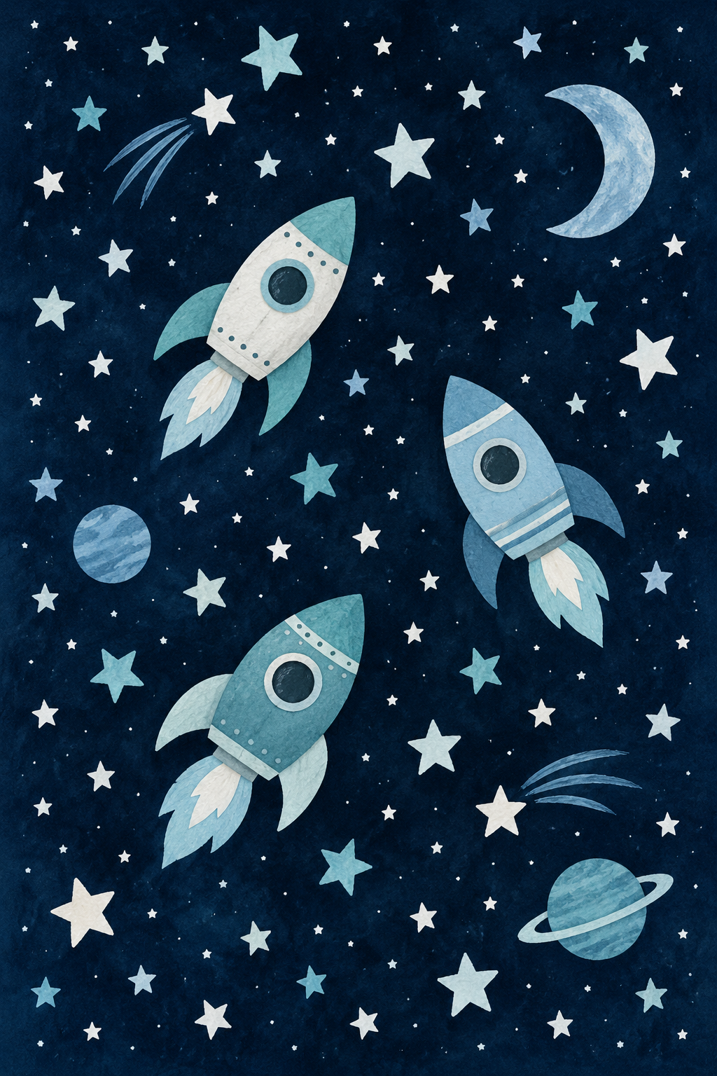 Midnight Rocket Adventures, vertical nursery artwork