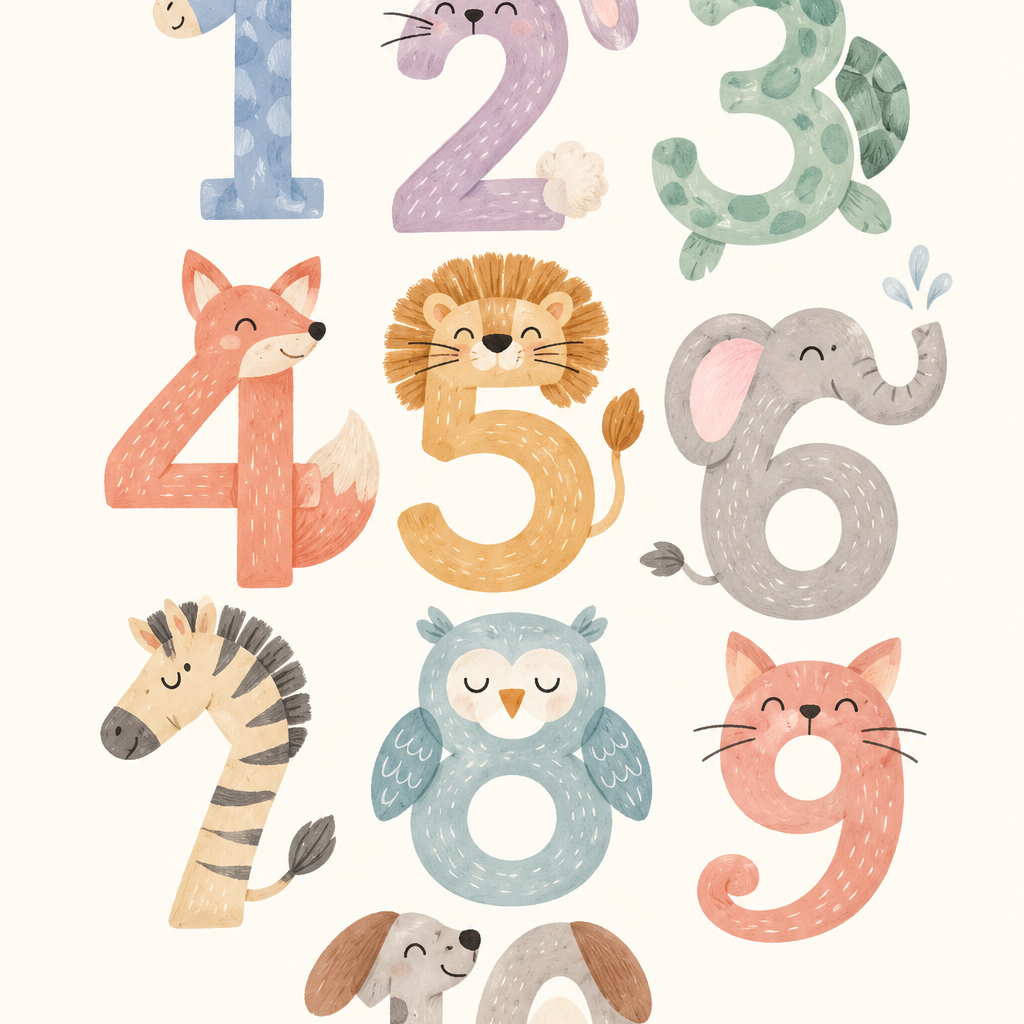 Pastel Animal Numbers, vertical nursery artwork