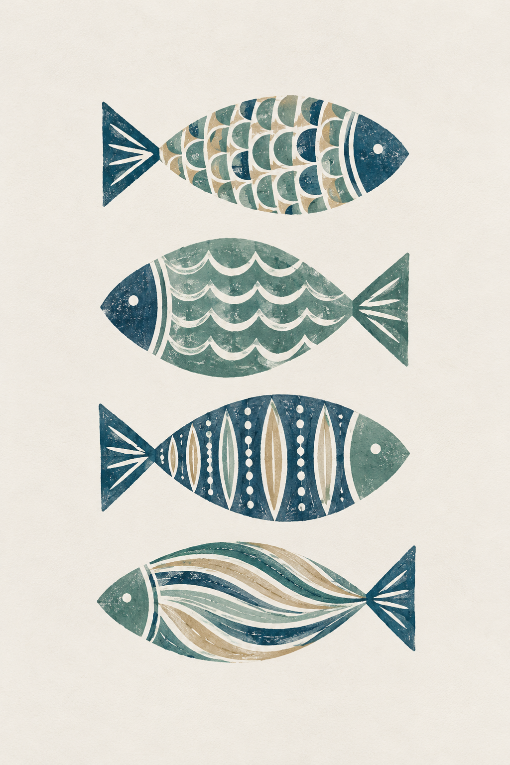 Sage Fish Quartet, vertical nursery artwork