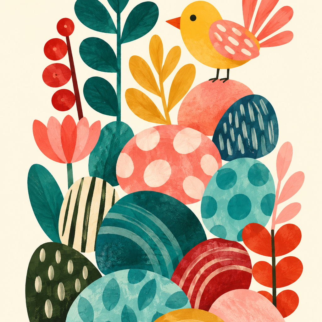Songbird in a Colourful Garden, vertical nursery artwork