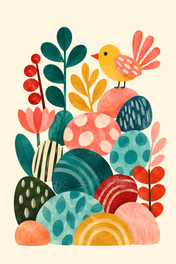 Songbird in a Colourful Garden, vertical nursery artwork