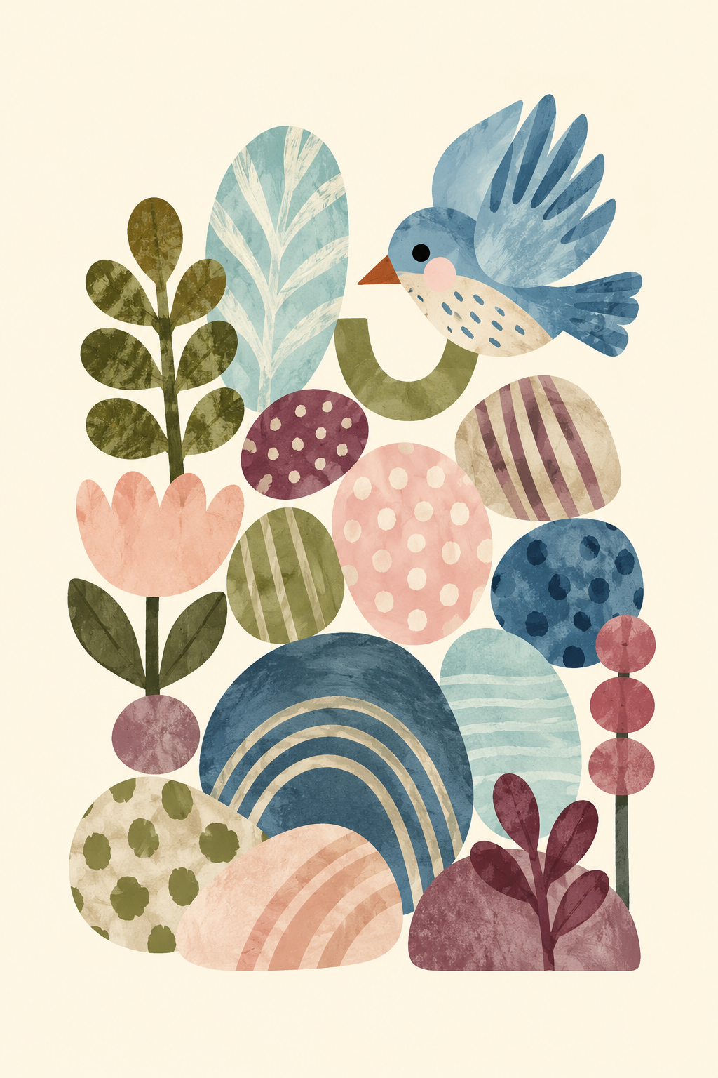 Songbird in a Quiet Garden, vertical nursery artwork