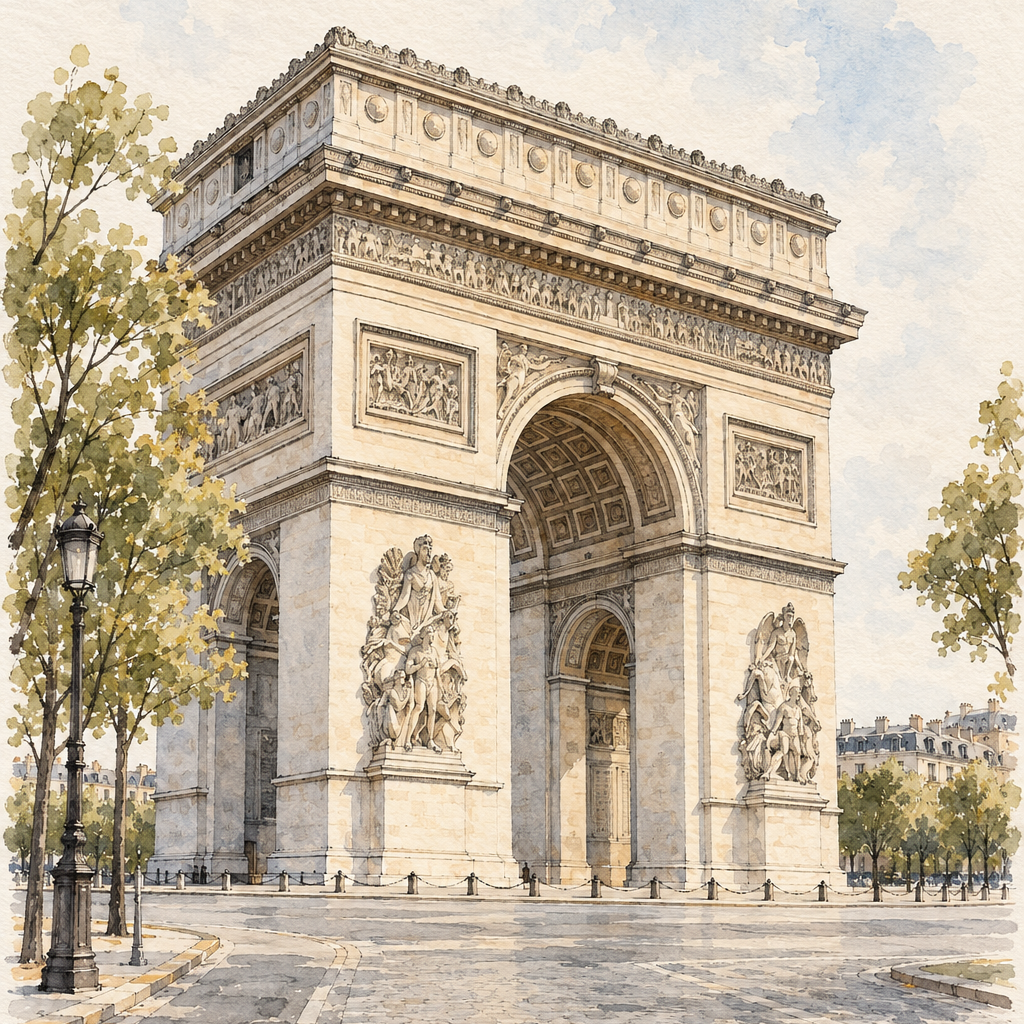 Arc de Triomphe in Soft Watercolour, Paris vertical ink and watercolour artwork