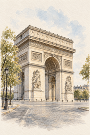 Arc de Triomphe in Soft Watercolour, Paris vertical ink and watercolour artwork