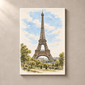 Eiffel Tower above Paris – canvas standalone mockup on beige wall