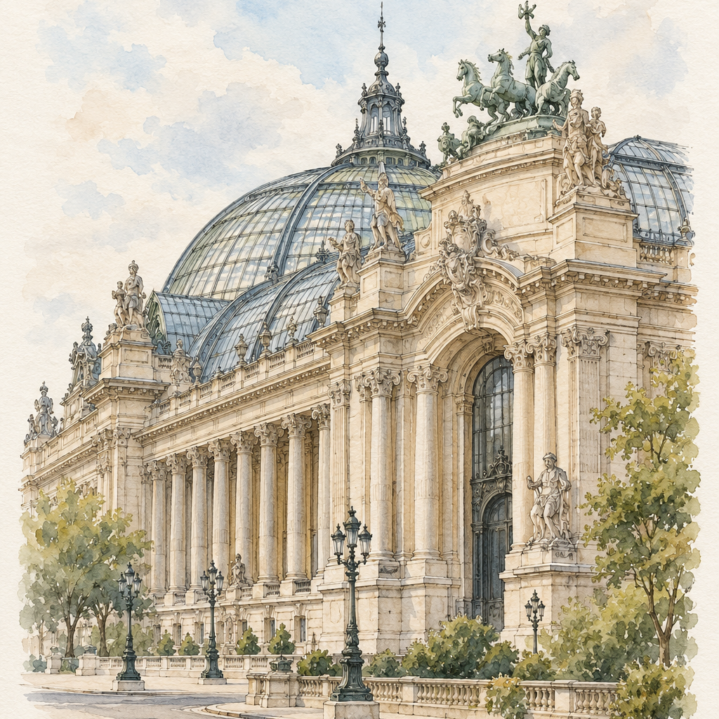 Grand Palais in Soft Watercolour, Paris vertical ink and watercolour artwork