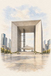 La Grande Arche in Watercolour, Paris vertical ink and watercolour artwork