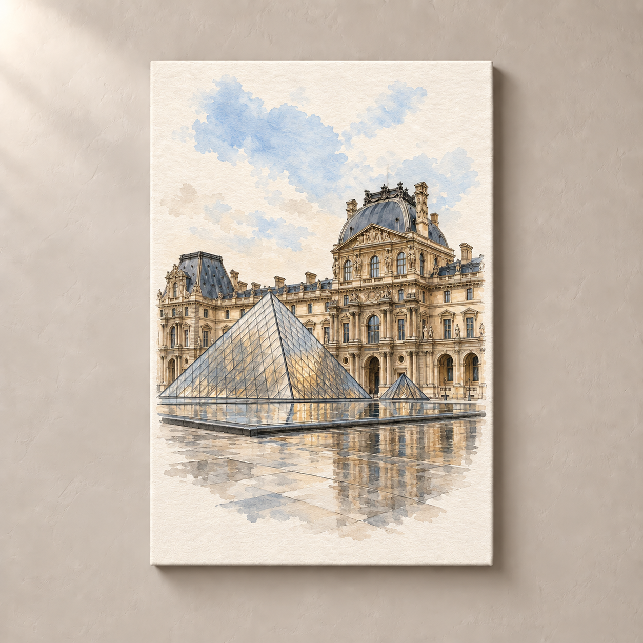 Louvre Palace and Glass Pyramid – canvas standalone mockup on beige wall