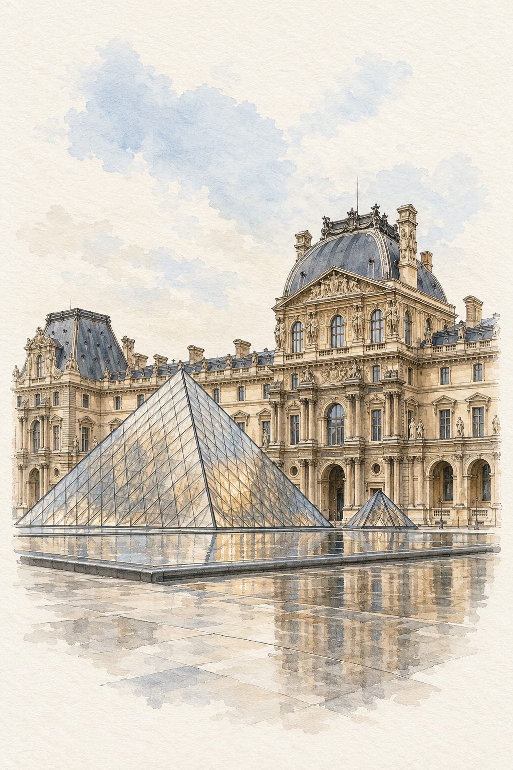 Louvre Palace and Glass Pyramid, Paris vertical ink and watercolour artwork
