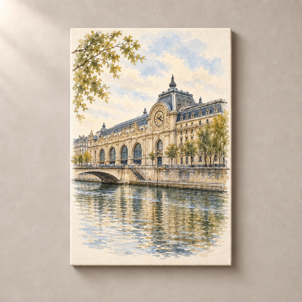 Musee d'Orsay in Soft Watercolour – canvas standalone mockup on beige wall
