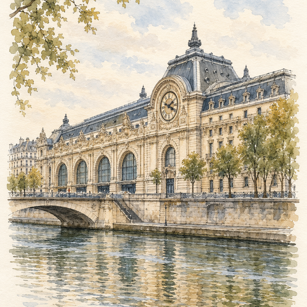 Musee d'Orsay in Soft Watercolour, Paris vertical ink and watercolour artwork