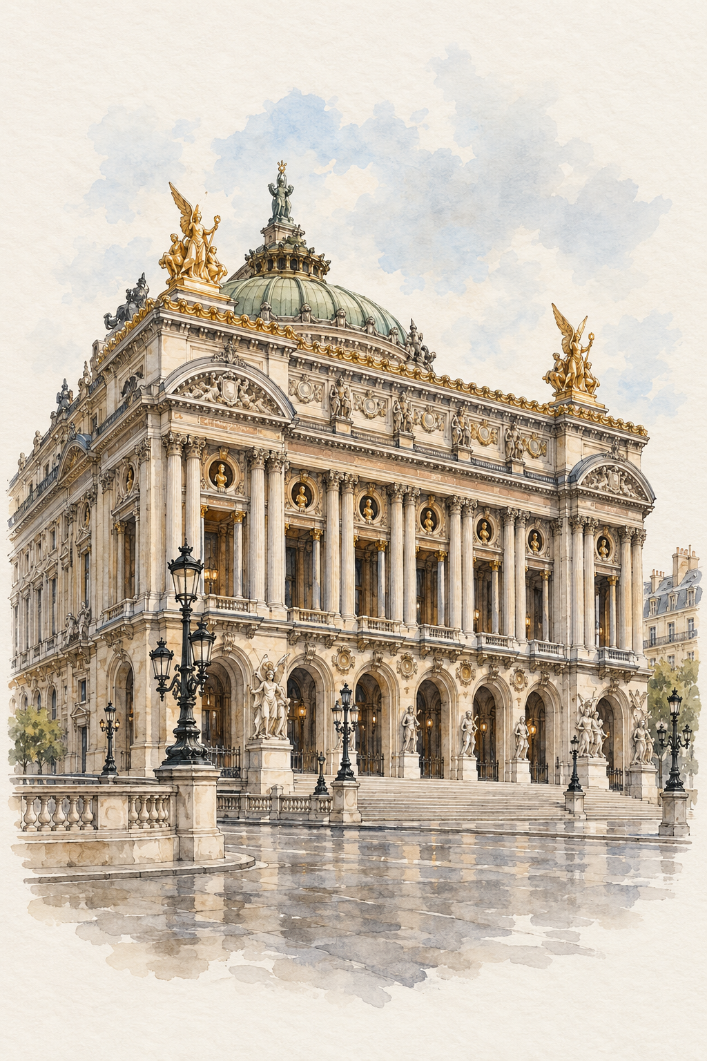 Palais Garnier in Watercolour, Paris vertical ink and watercolour artwork