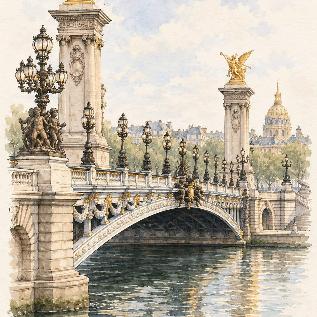 Pont Alexandre III over the Seine, Paris vertical ink and watercolour artwork
