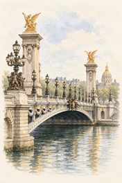 Pont Alexandre III over the Seine, Paris vertical ink and watercolour artwork