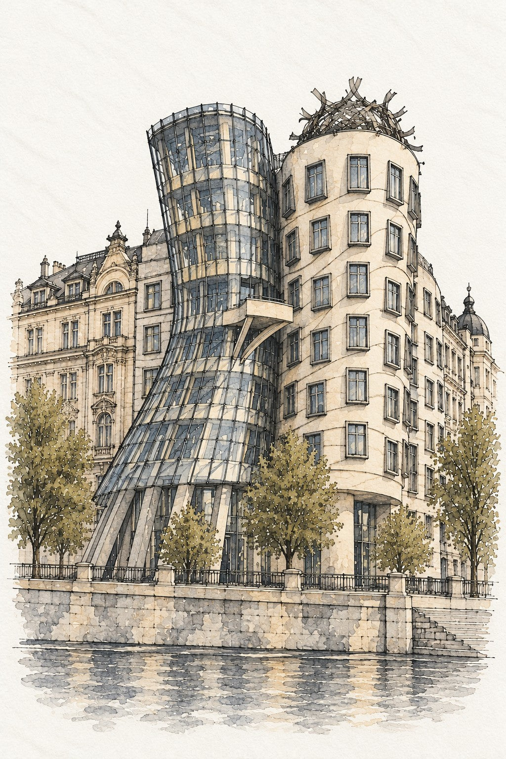 Dancing House in Watercolour, Prague vertical ink and watercolour artwork