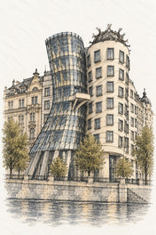 Dancing House in Watercolour, Prague vertical ink and watercolour artwork