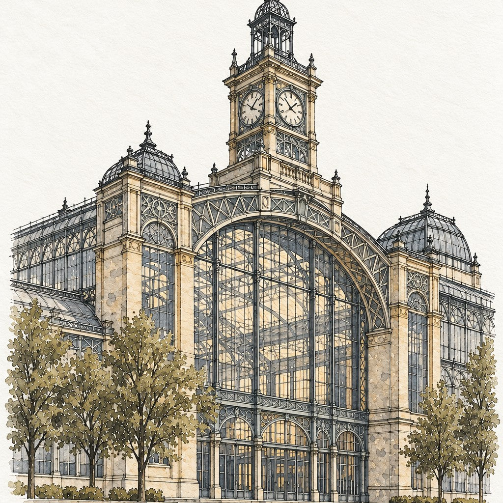Prague Industrial Palace in Watercolour, Prague vertical ink and watercolour artwork