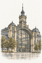 Prague Industrial Palace in Watercolour, Prague vertical ink and watercolour artwork