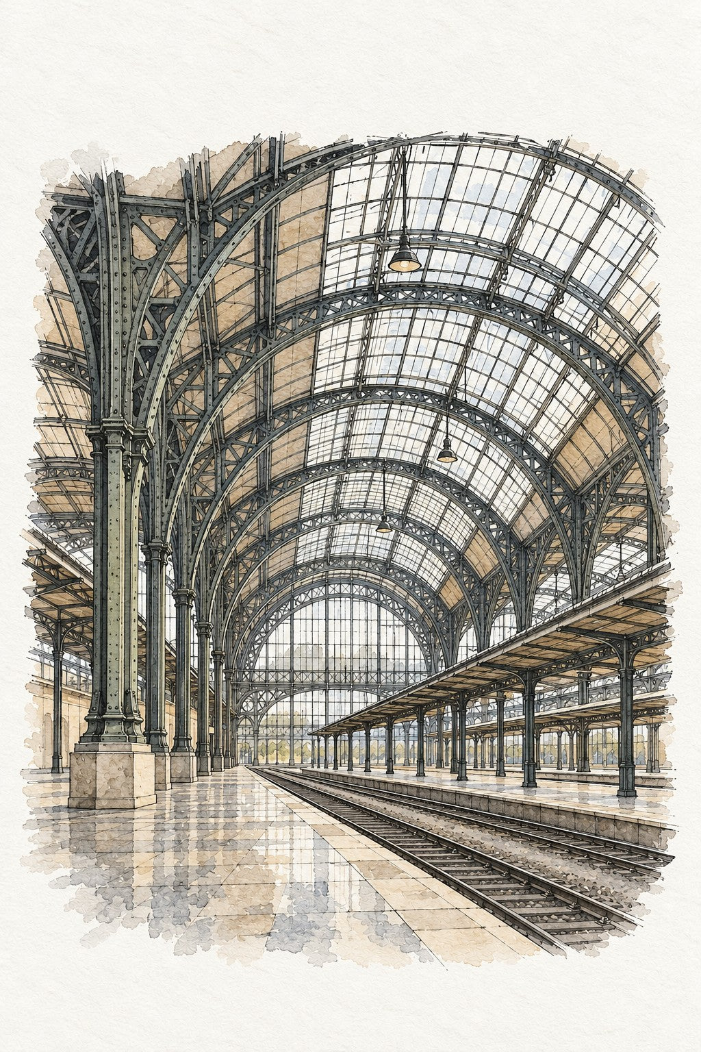 Prague Main Station in Watercolour, Prague vertical ink and watercolour artwork
