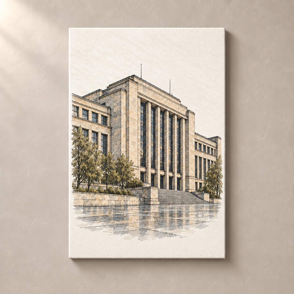 Prague Modernist Hall in Watercolour canvas standalone mockup