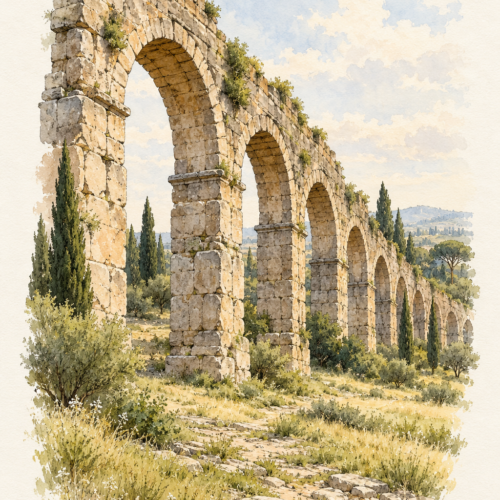 Ancient Aqueduct Ruins by the Appian Way, Rome vertical ink and watercolour artwork