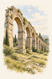 Ancient Aqueduct Ruins by the Appian Way, Rome vertical ink and watercolour artwork