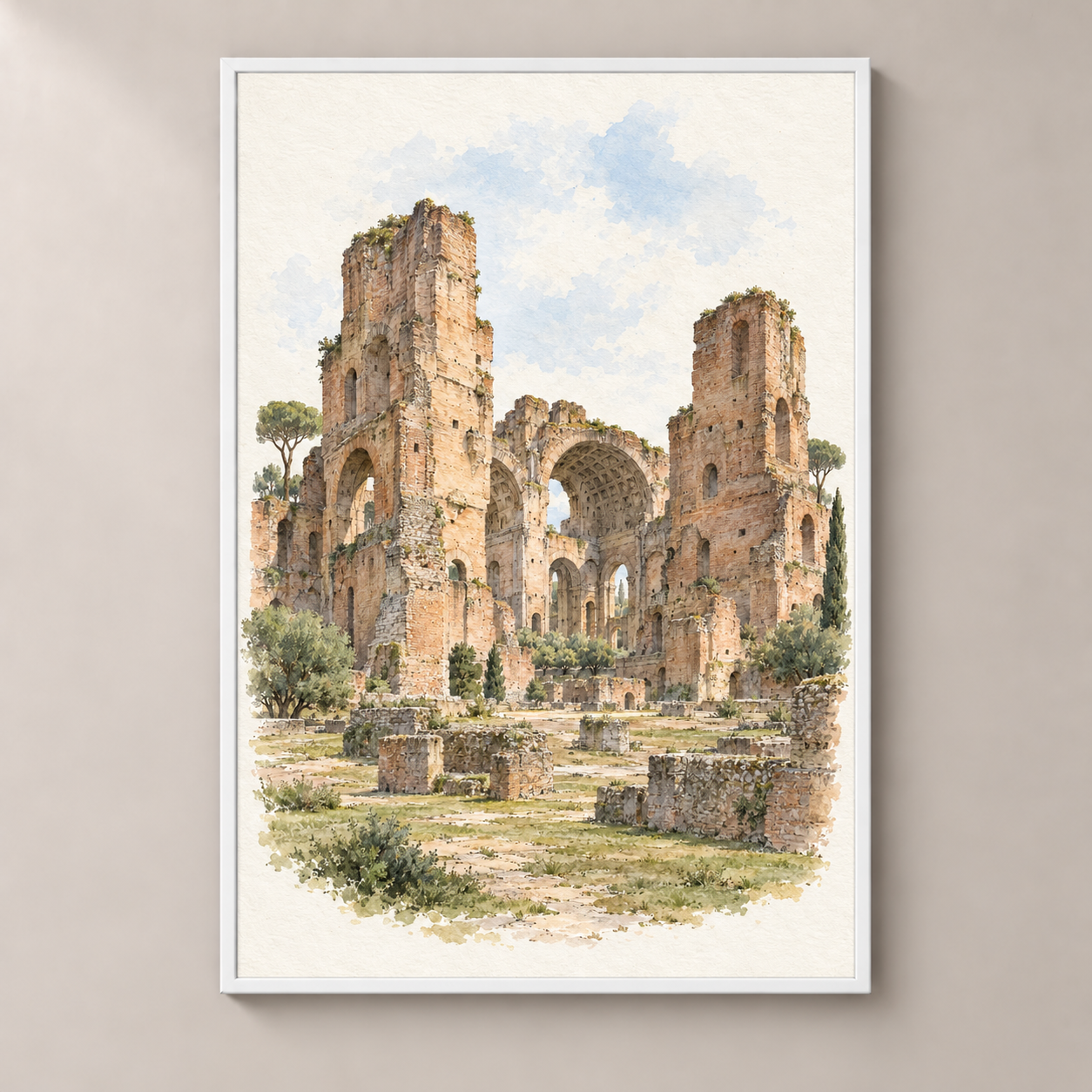 Baths of Caracalla in Watercolour – poster standalone mockup on beige wall