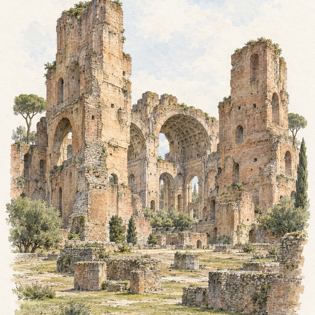 Baths of Caracalla in Watercolour, Rome vertical ink and watercolour artwork