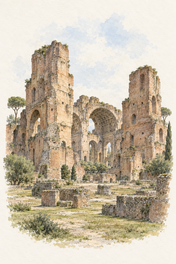 Baths of Caracalla in Watercolour, Rome vertical ink and watercolour artwork