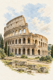 Colosseum in Gentle Light, Rome vertical ink and watercolour artwork