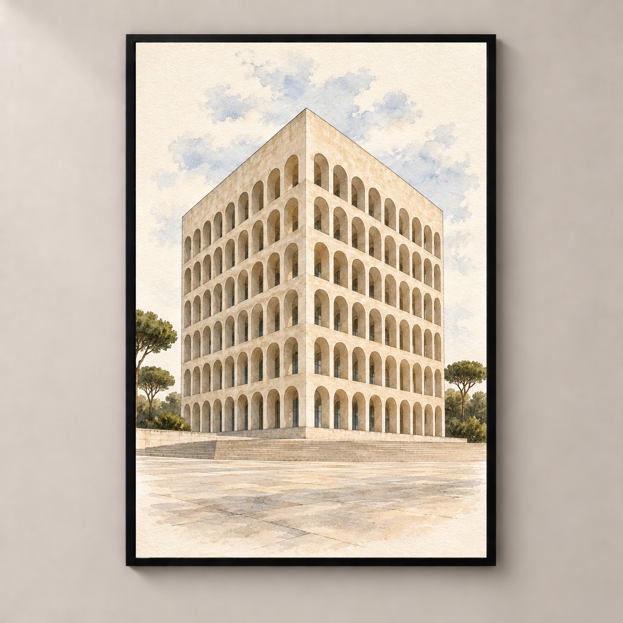 Palazzo della Civilta Italiana in Watercolour – poster standalone mockup on beige wall