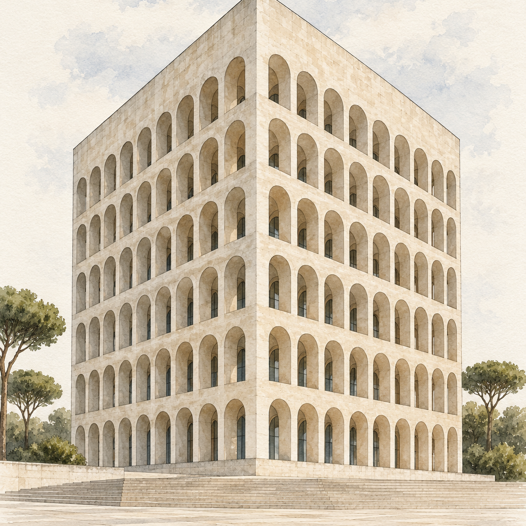 Palazzo della Civilta Italiana in Watercolour, Rome vertical ink and watercolour artwork