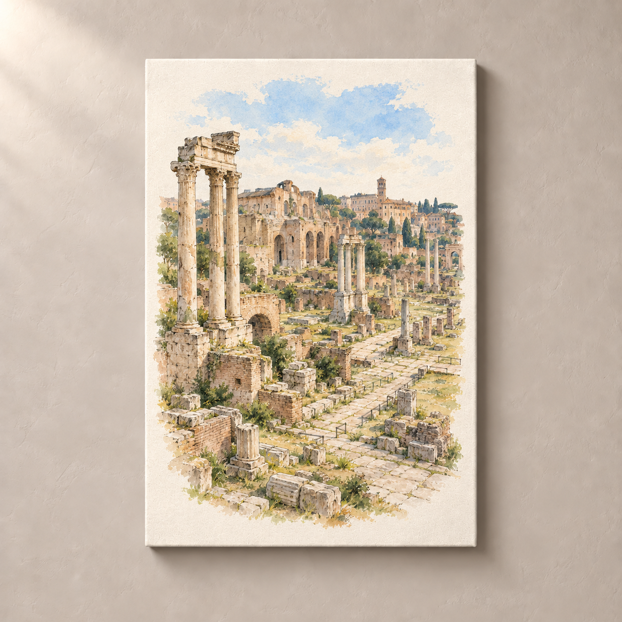 Roman Forum in Quiet Watercolour – canvas standalone mockup on beige wall