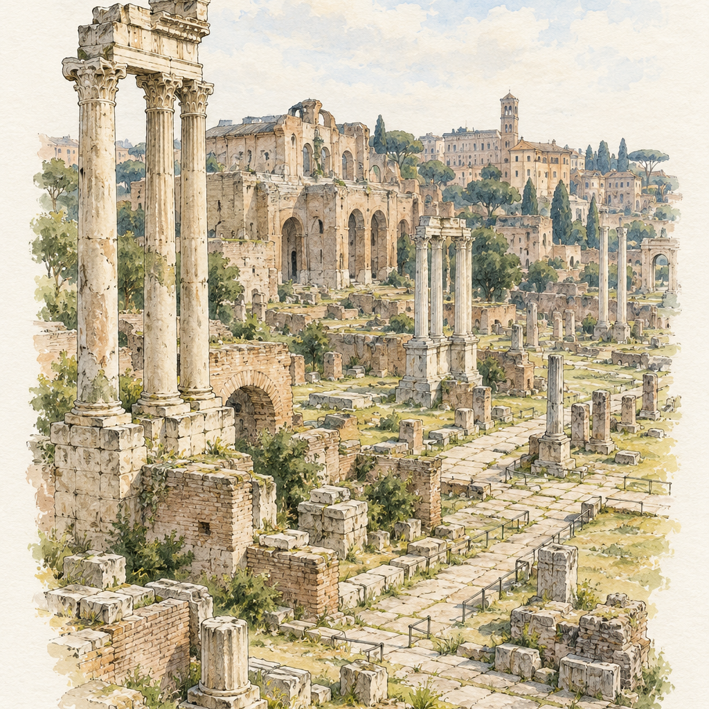 Roman Forum in Quiet Watercolour, Rome vertical ink and watercolour artwork