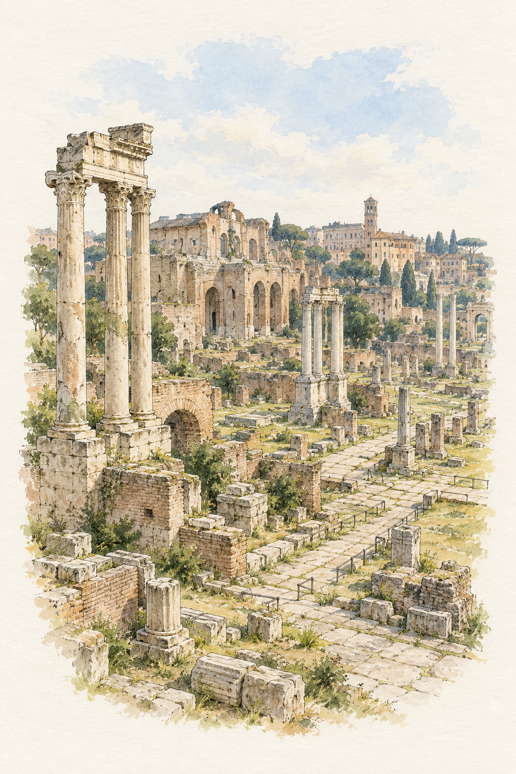 Roman Forum in Quiet Watercolour, Rome vertical ink and watercolour artwork