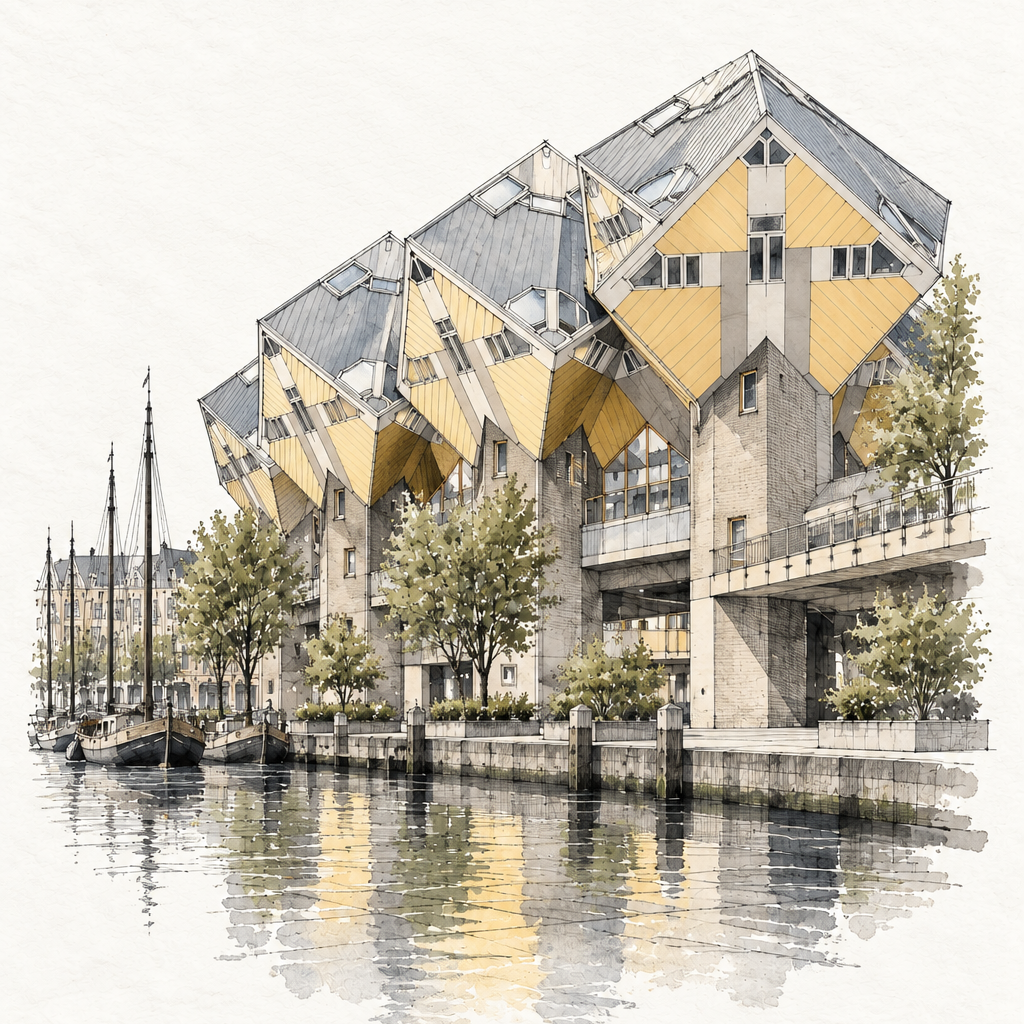 Cube Houses by Oude Haven, vertical ink and watercolour artwork