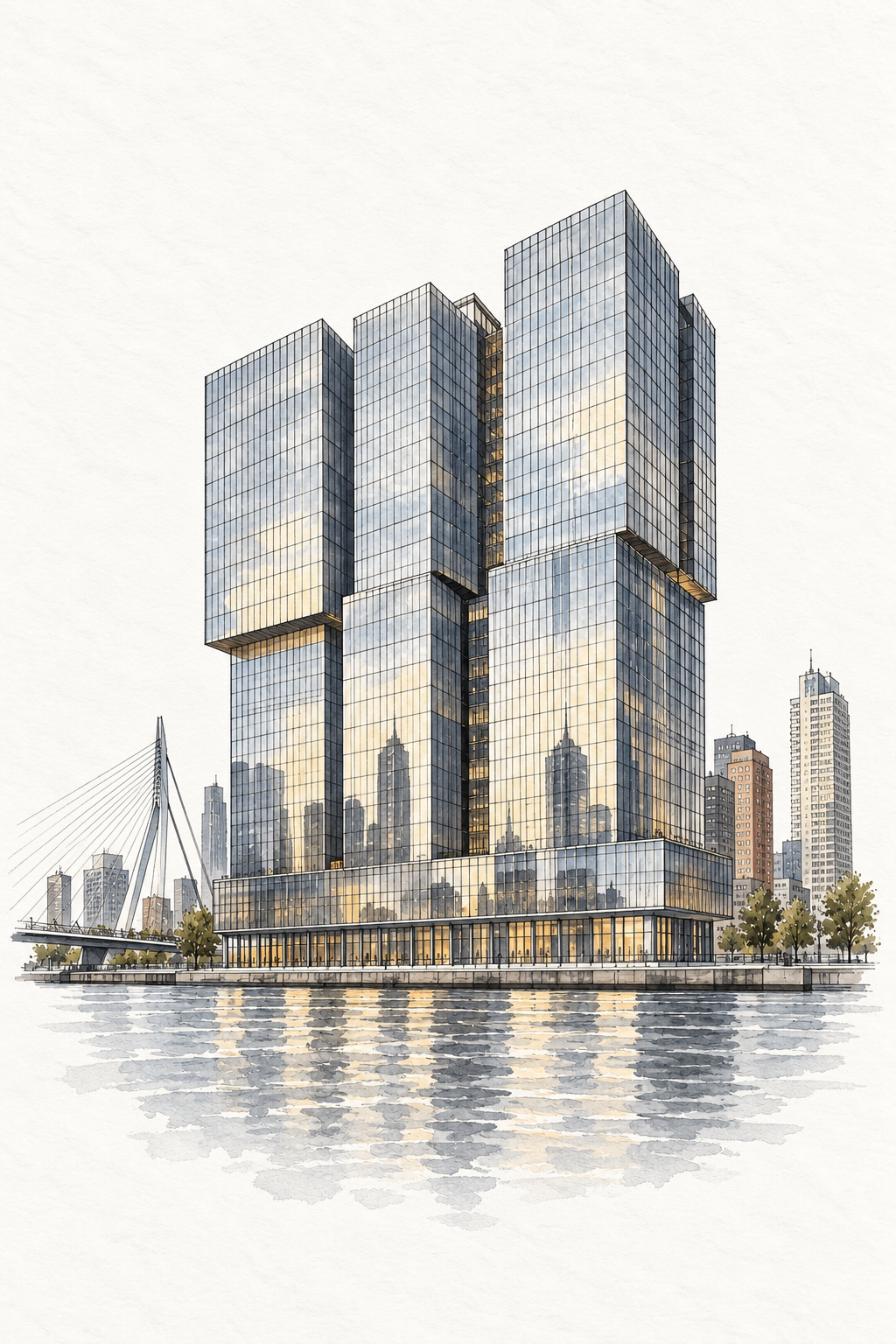De Rotterdam in Ink and Watercolour, vertical ink and watercolour artwork