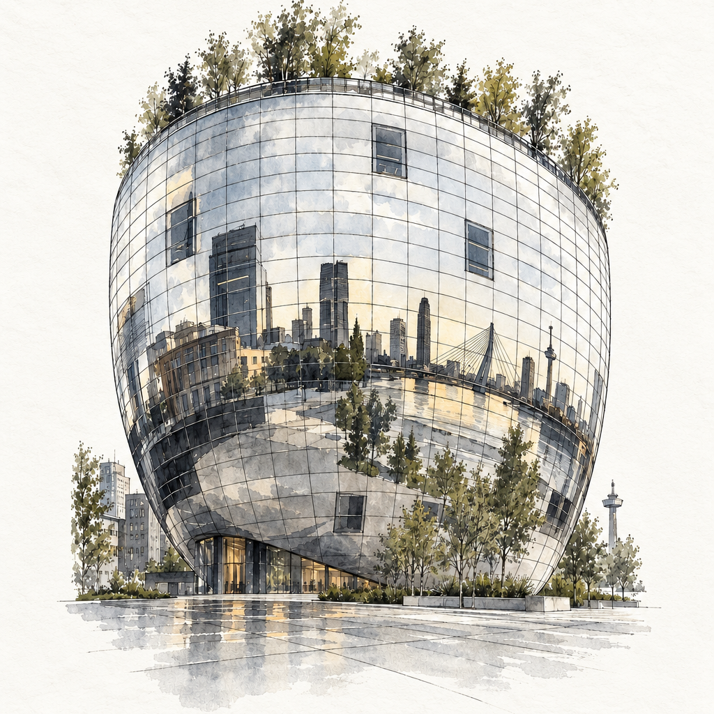 Depot Boijmans Van Beuningen Rotterdam, vertical ink and watercolour artwork