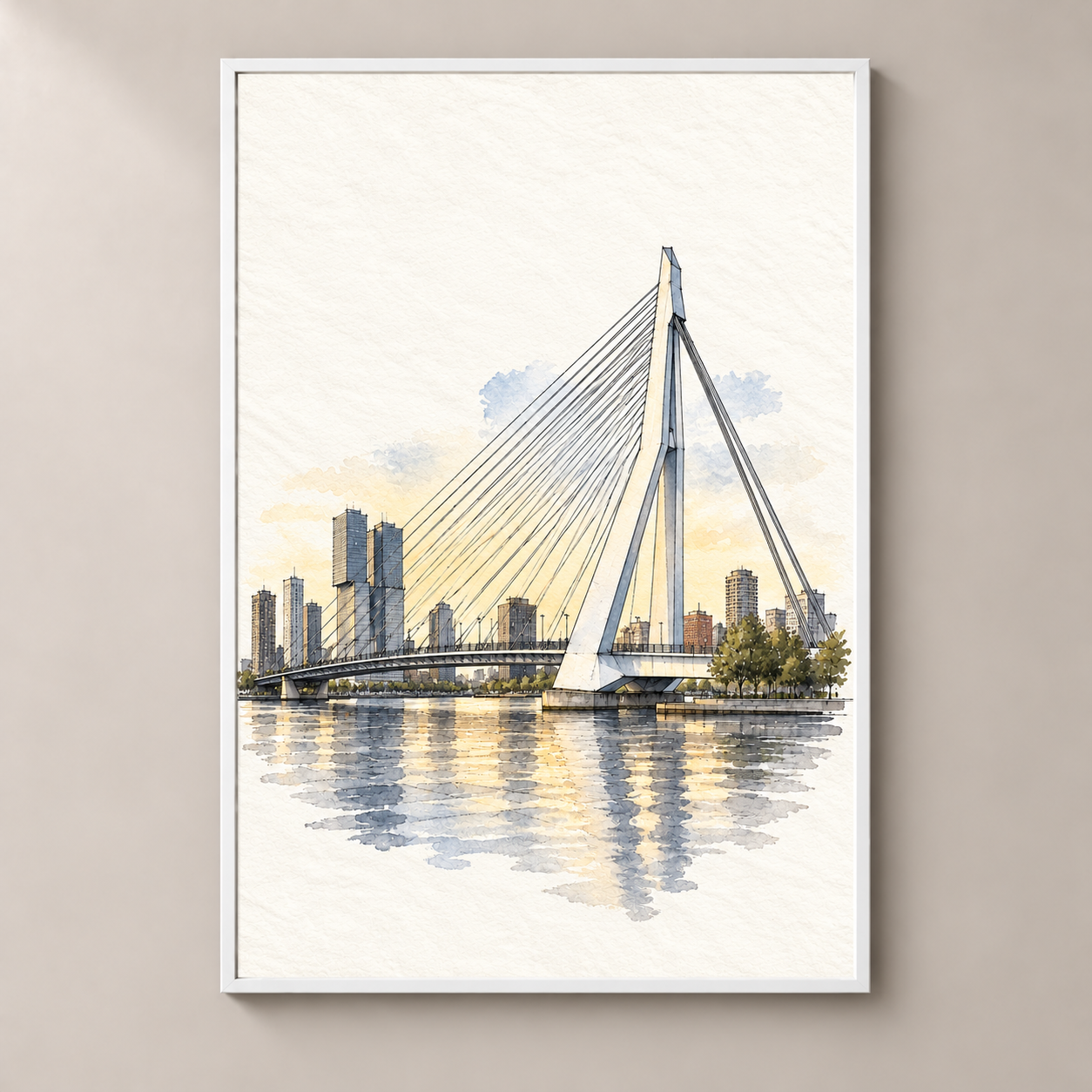 Erasmus Bridge in Quiet Watercolour – poster standalone mockup on beige wall
