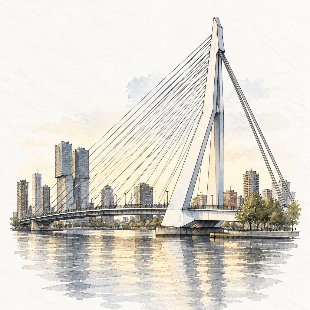 Erasmus Bridge in Quiet Watercolour, vertical ink and watercolour artwork