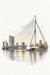 Erasmus Bridge in Quiet Watercolour, vertical ink and watercolour artwork