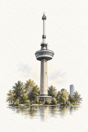 Euromast Above Het Park, vertical ink and watercolour artwork